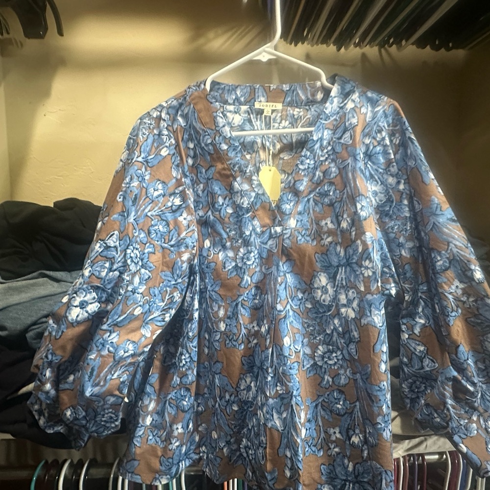 JODIFL Blue Ruffled Blouse with Mandarin Collar